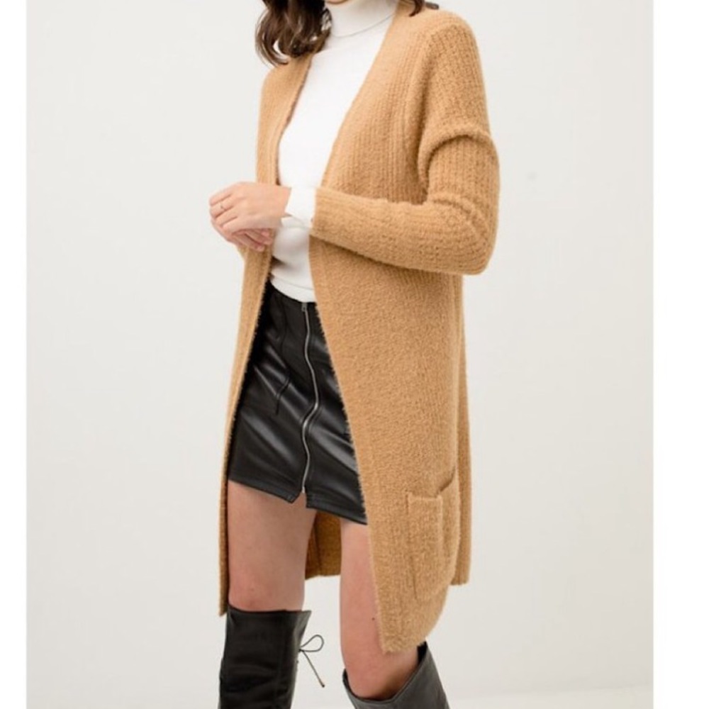 Fuzzy Knit Cardigan in Camel